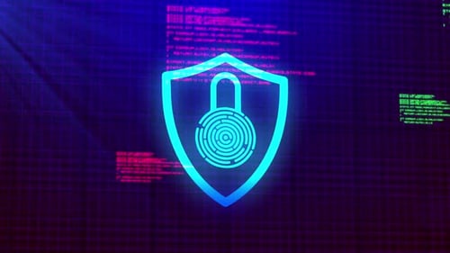 Futuristic Digital Security Shield with Animated Fingerprint Lock