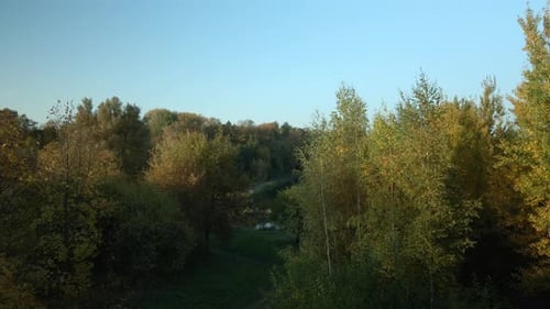 Park area. A winding river. Trees with yellow autumn leaves are visible. Aerial photography.
