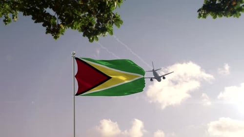 Guyana Flag With Airplane And City -3D rendering
