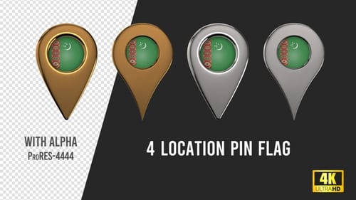 Rotating 3D Metallic Location Pins with Turkmenistan Flag
