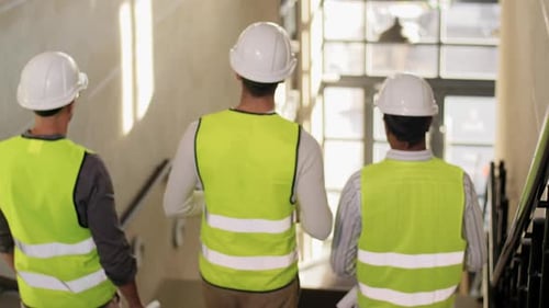 Architekten in Helmen gehen im Büro die Treppe hinunter