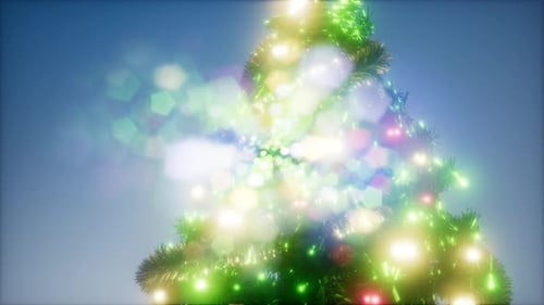 Sparkling Christmas Tree with Glowing Lights and Festive Bokeh Effect