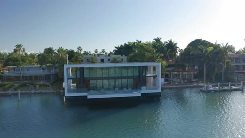 Palm Island, May 2019. Aerial Top View on the Exclusive House on the Water