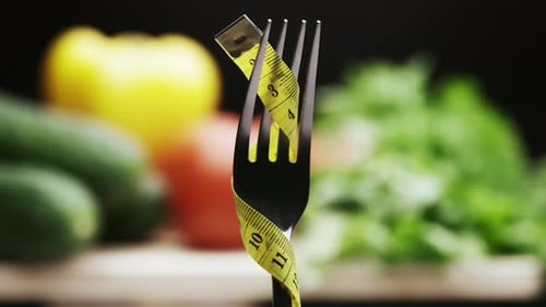 Fork with measuring tape and blurry vegetables