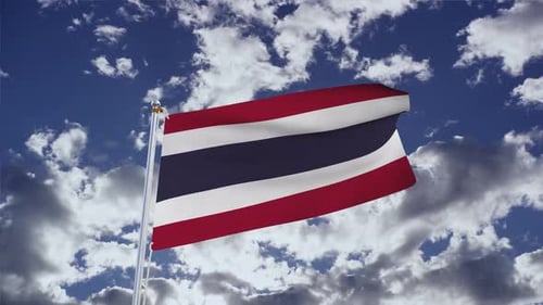 Realistic Thailand National Flag Waving in Blue Sky Loop