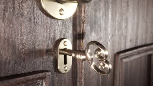 Animation of opening wooden doors. Close-up view at door handle and lock. 4KHD