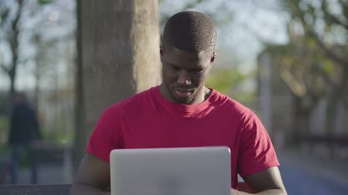 Young Afro-American Man Working on Laptop in Park, Smiling