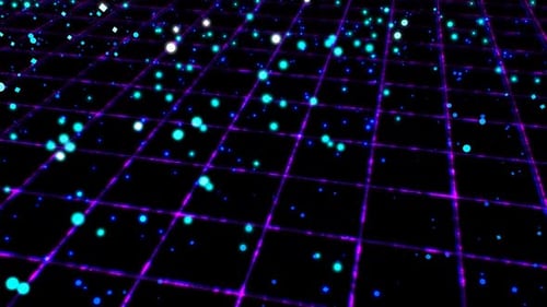 Dynamic Flowing Particle Waves Above Glowing Retro 80s Neon Grid - 1080p