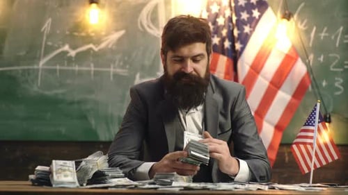 Big Win. American Man Holding Lot of Money.