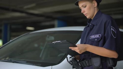 Female Cop Writing Traffic Ticket and Putting on Windshield, Parking Violation