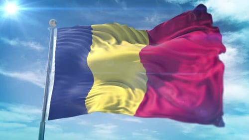 Realistic Romanian Flag Waving in Blue Sky with Sun Flare
