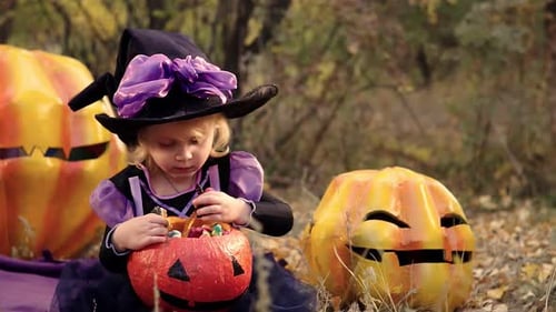 Child in Witch Costume with Pumpkins in Autumn Park