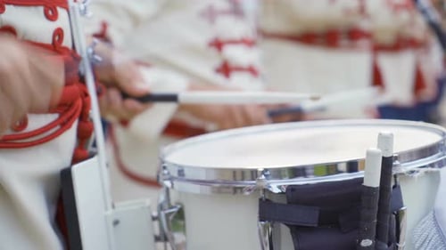 Close Shot of Drummer of the National Guards Men Brass Band Hands