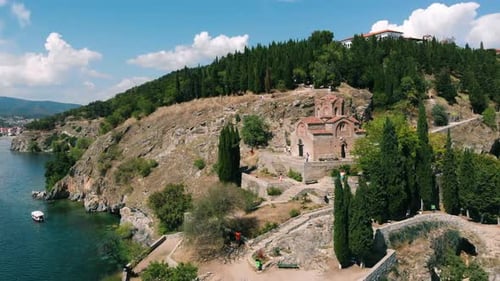 Macedonia Landmark - Historic Orthodox Church At Lake Ohrid. Aerial shot.