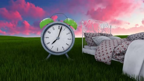 Surreal Time Lapse: Alarm Clock and Bed in Nature