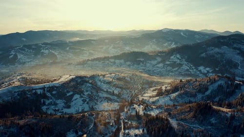 Aerial View of the Winter Mountains, Sunrise in Winter Mountains Aerial