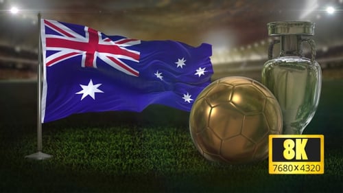 Waving Australian Flag with Golden Soccer Ball and Silver Trophy