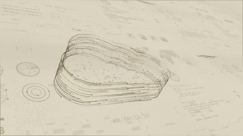 Brown particle cloud computing logo with HUD and futuristic technology on old paper background