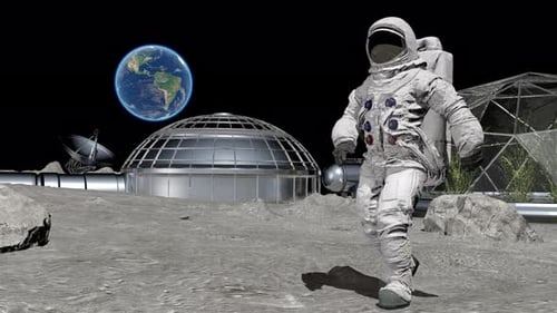 Astronaut Walking on Lunar Surface with Futuristic Space Base