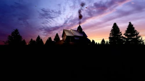 Wooden Chalet and Forest at Evening