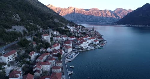Aerial View of Boka Bay and Old Town Perast in Montenegro