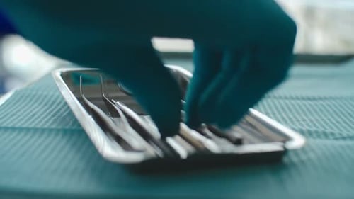 Dental Tools in Tray in Clinic Close Up