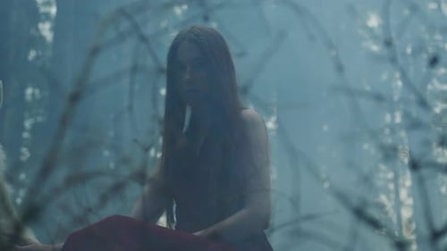 Woman Sitting Mysteriously in Misty Forest Clearing