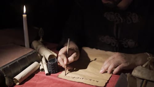 Man Writes With Quill Pen by Candlelight