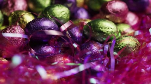 Colorful Chocolate Easter Eggs with Pink Tinsel