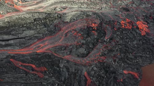 Aerial Drone View Of Fagradalsfjall Iceland Volcano Eruption Scene. Erupting Volcanic Fissure
