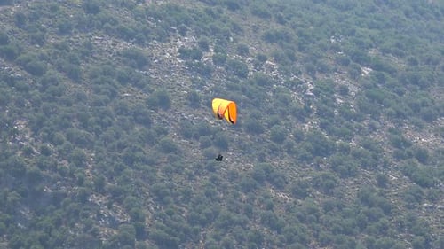 Paragliding Flying Over the Forested Mountain