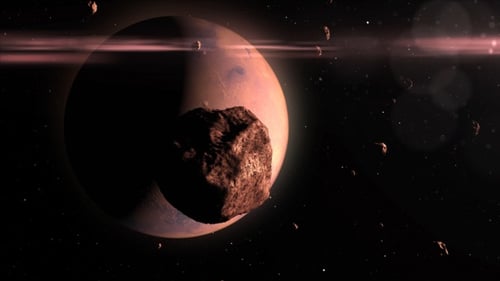 Sci-Fi Spaceship Flying Past Mars in Deep Space