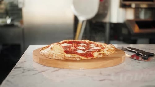 Italian Chef Making Margaritta Pizza with Tomato Sause and Mozzarella Traditional Food in Italy High