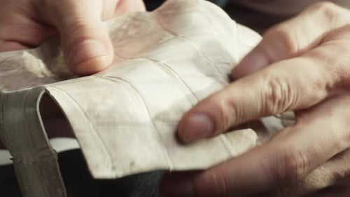 Hands Manipulating Alligator Leather Skin Close Up
