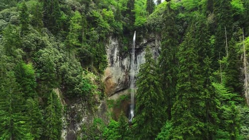 Nature Mountains Waterfall in Green Forest Morning Magical Aerial Landscape