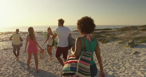 Young adult friends walking on a beach at sunset 4k