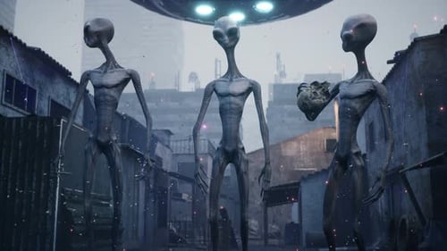 Animated Grey Aliens and UFO in a Ruined City Invasion Scene