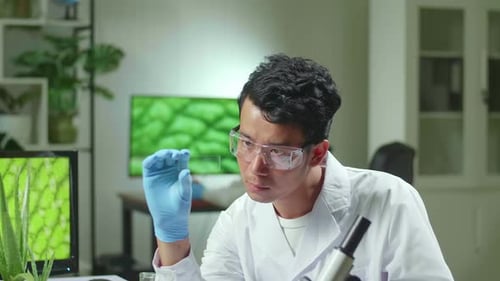 Un científico asiático observa una muestra de prueba de una hoja para analizarla para un experimento biológico