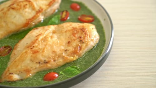 Grilled Chicken Breasts with Green Sauce and Tomatoes