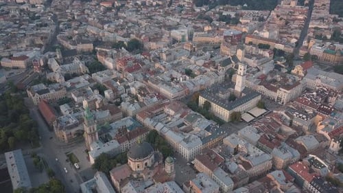 Aerial City Lviv, Ukraine. European City. Popular Areas of the City. Town Hall