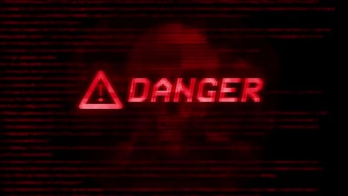 Danger Warning digital error message glitch flashing on black screen