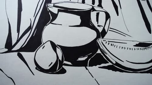 Still Life Drawing of Pitcher, Pear, and Watermelon