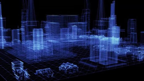 El holograma de un vuelo sobre la ciudad moderna