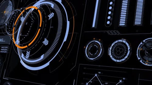 Head-up-Display-Technologie, Schnittstellenbildschirm mit futuristischen 3D-Elementen, Diagramm und Chat-Panel