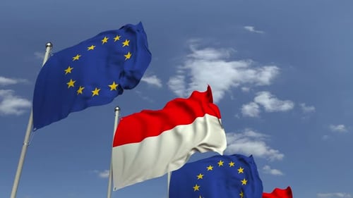 Waving Flags of Indonesia and European Union