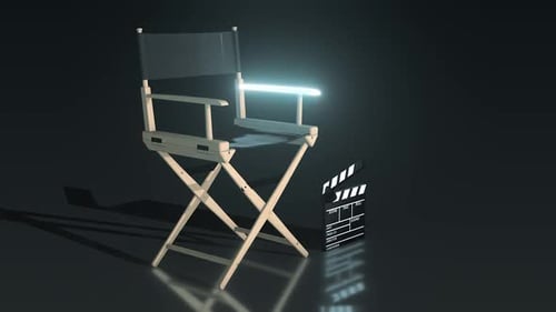 Futuristic Digital Render of Director's Chair and Clapperboard
