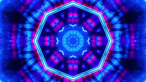 Flying between red and blue fluorescent lights. Kaleidoscope Infinitely looped animation.