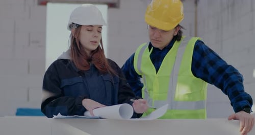 Construction Team Reviews Building Plans On Site
