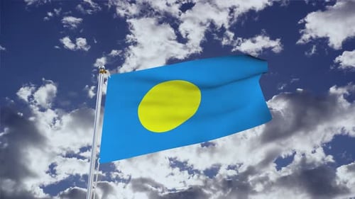Waving Palau Flag Animation with Cloudy Sky Background
