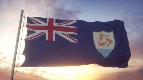 Flag of Anguilla Waving in the Wind Sky and Sun Background